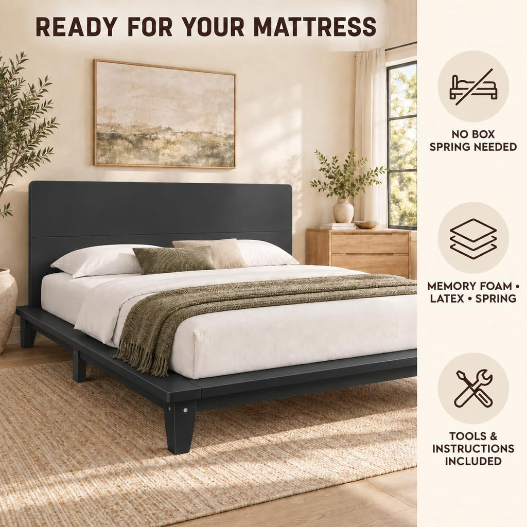 Japanese Wooden Bed Frame with Black Headboard