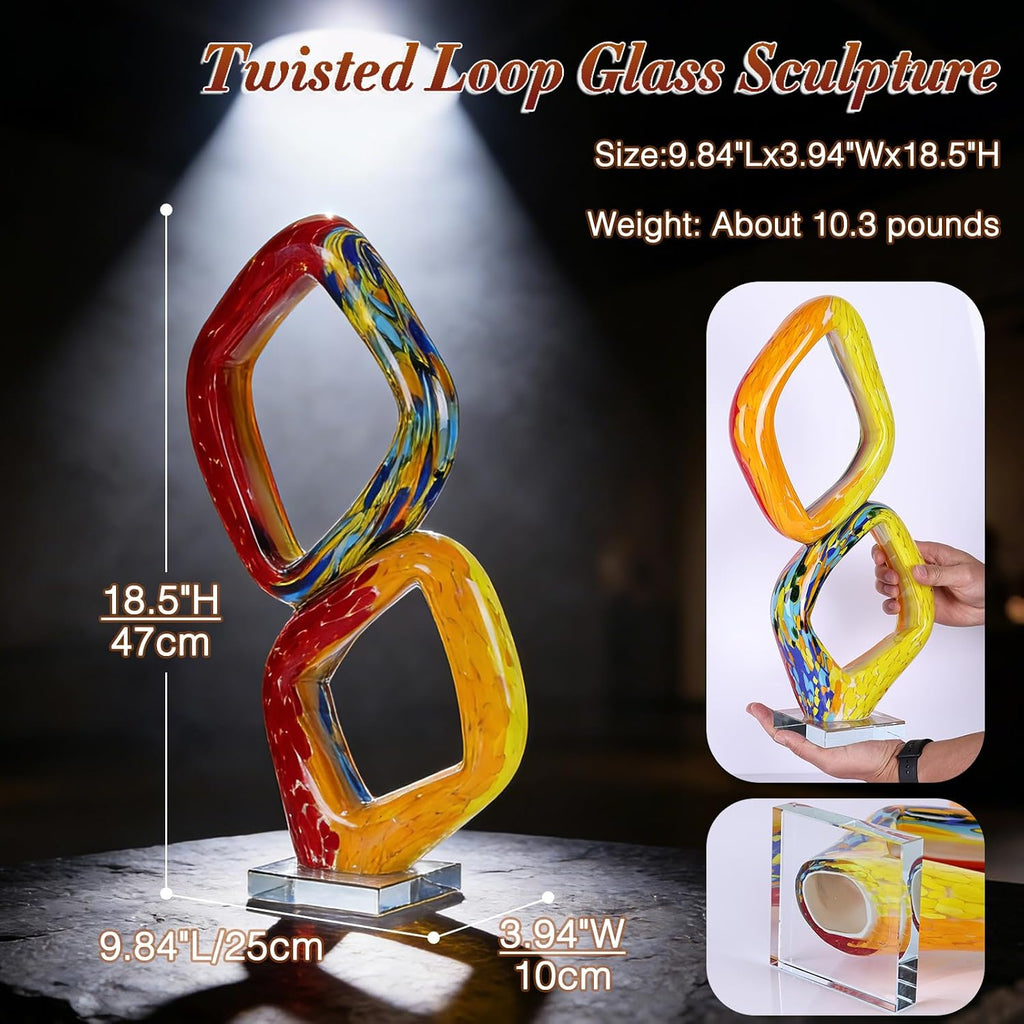 18.5′′ Hand Blown Glass Sculpture Abstract Geometric Loop Art, Murano Style Swirled Glas Contemporary Centerpiece