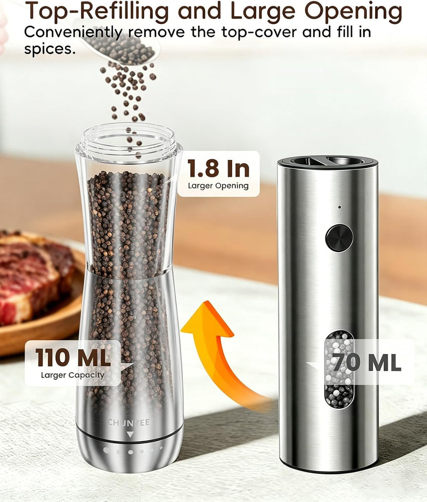 Electric Salt and Pepper Grinder Set - Automatic Stainless Steel Rechargeable Salt and Pepper Grinder Set - Set of 2