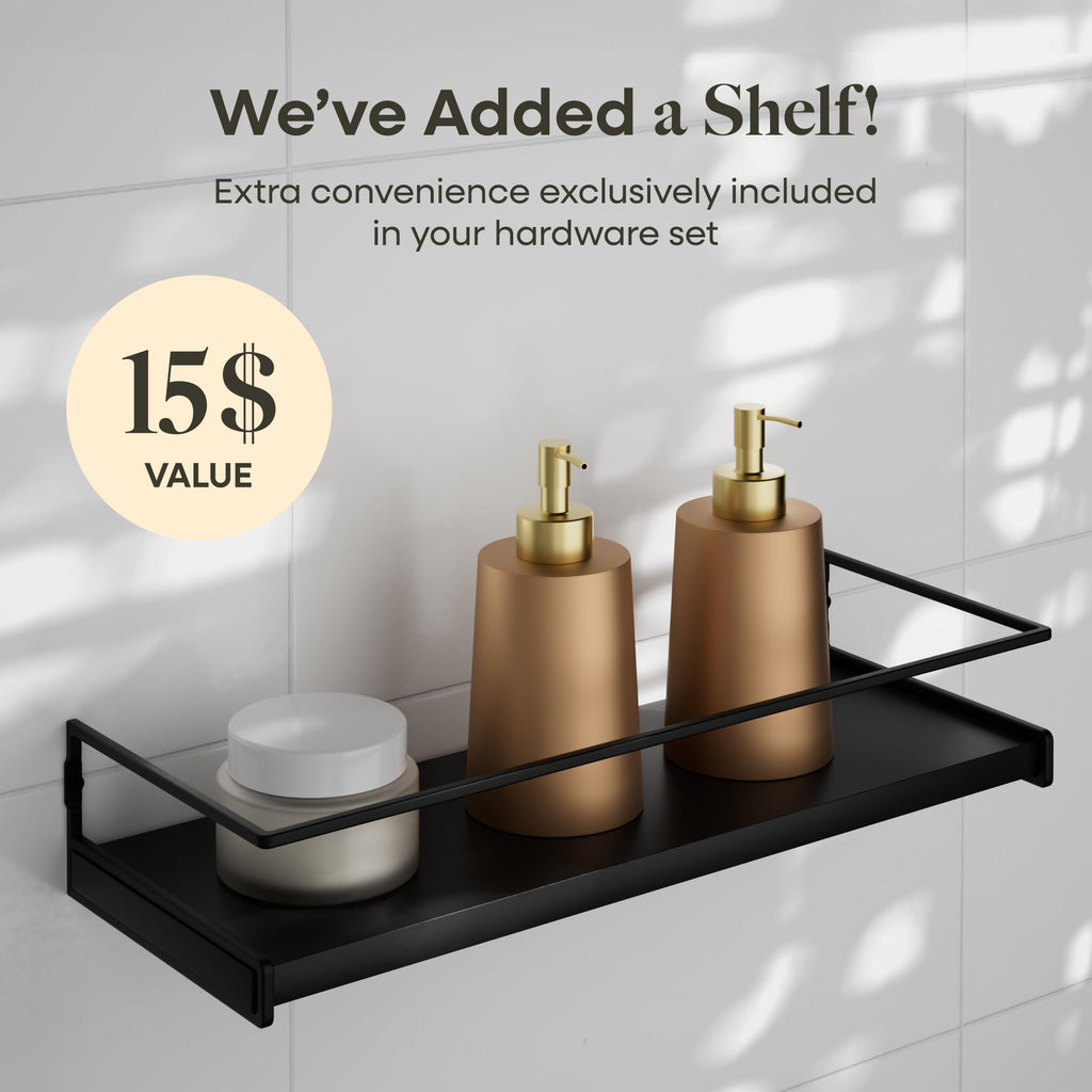 Black Bathroom Hardware Set, 4-Piece + 15.7" Shelf & Adhesive Robe Hook