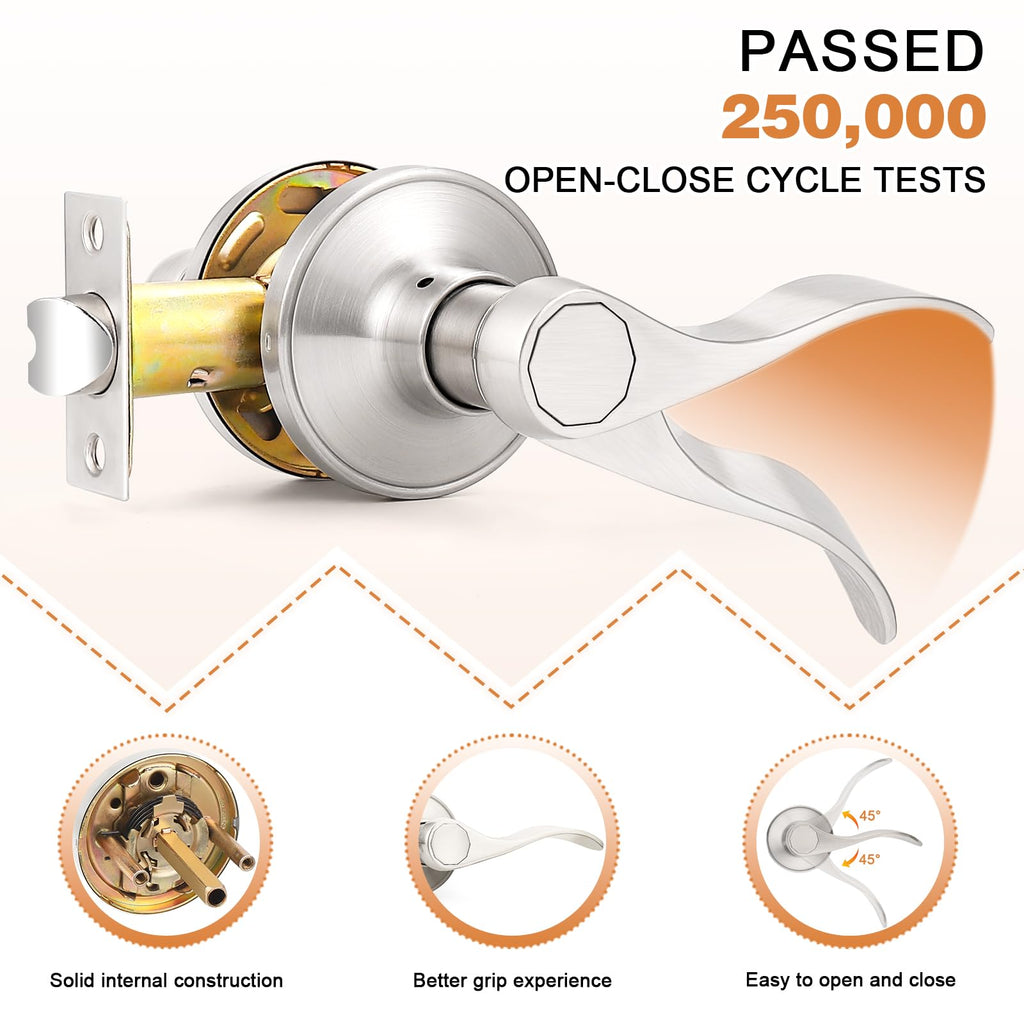 Interior Brushed Nickel Door Handle, Wave Style Passage Door Handles, Keyless Door Levers Lockset for Closet and