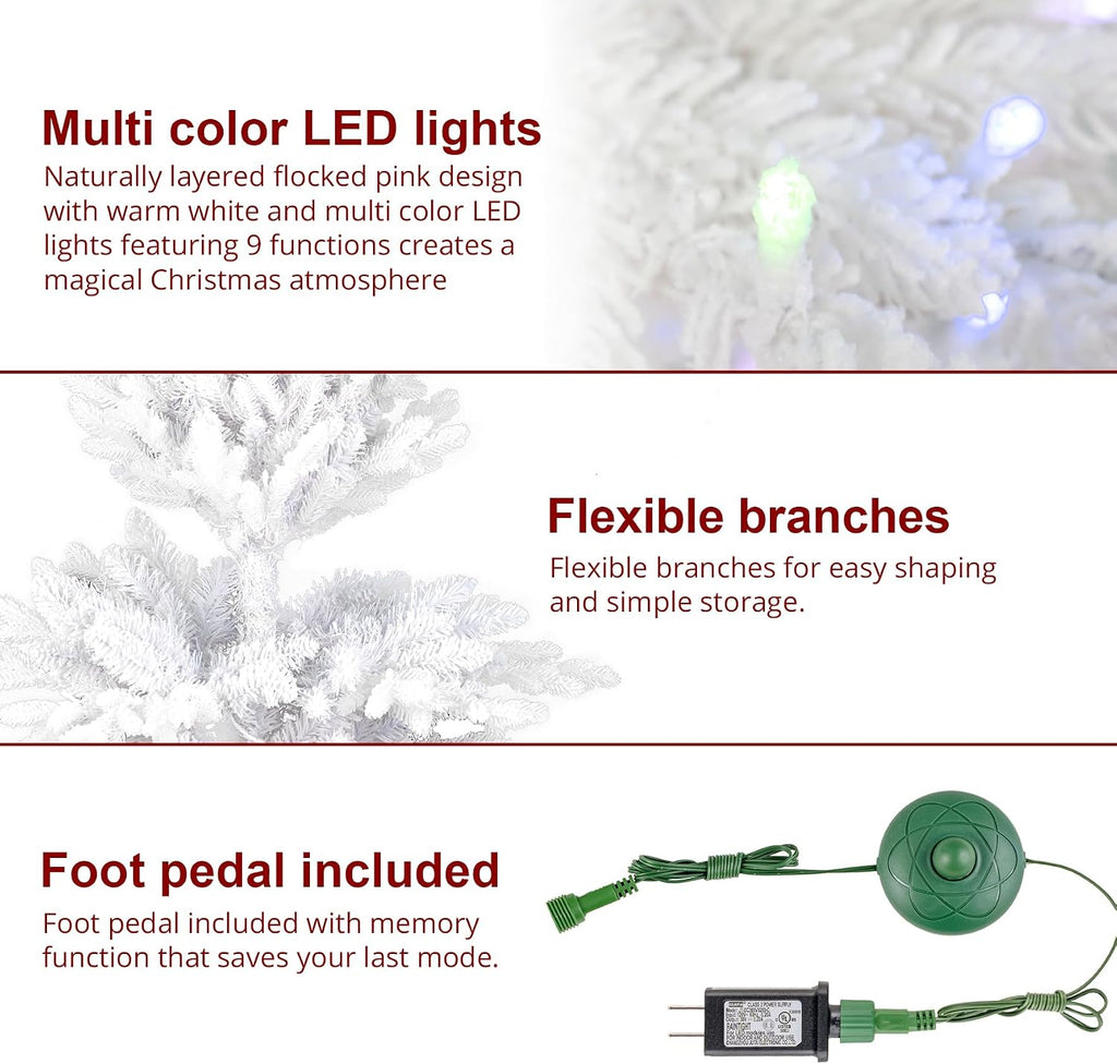 Prelit Artificial Christmas Tree, Slim Flocked Christmas Tree Elegant White Frostfall Fir with 1,486 Tips, 360