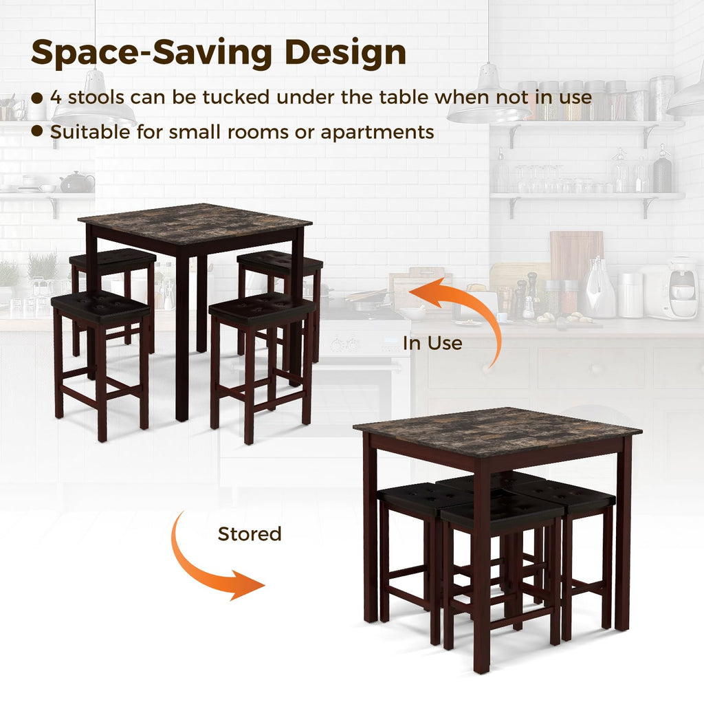 5-Piece Counter-Height Bar Table Set, Faux Marble Square Table & 4 PVC Leather Bar Stools w/Rubber Wood Legs, Modern