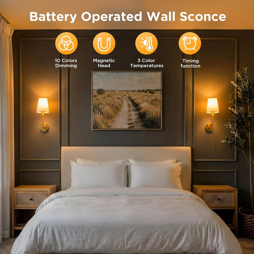 Battery Operated Wall Sconces Set of Two, RGBWW Wireless Rechargeable Wall Lights with Dimmable Magnetic Bulbs and
