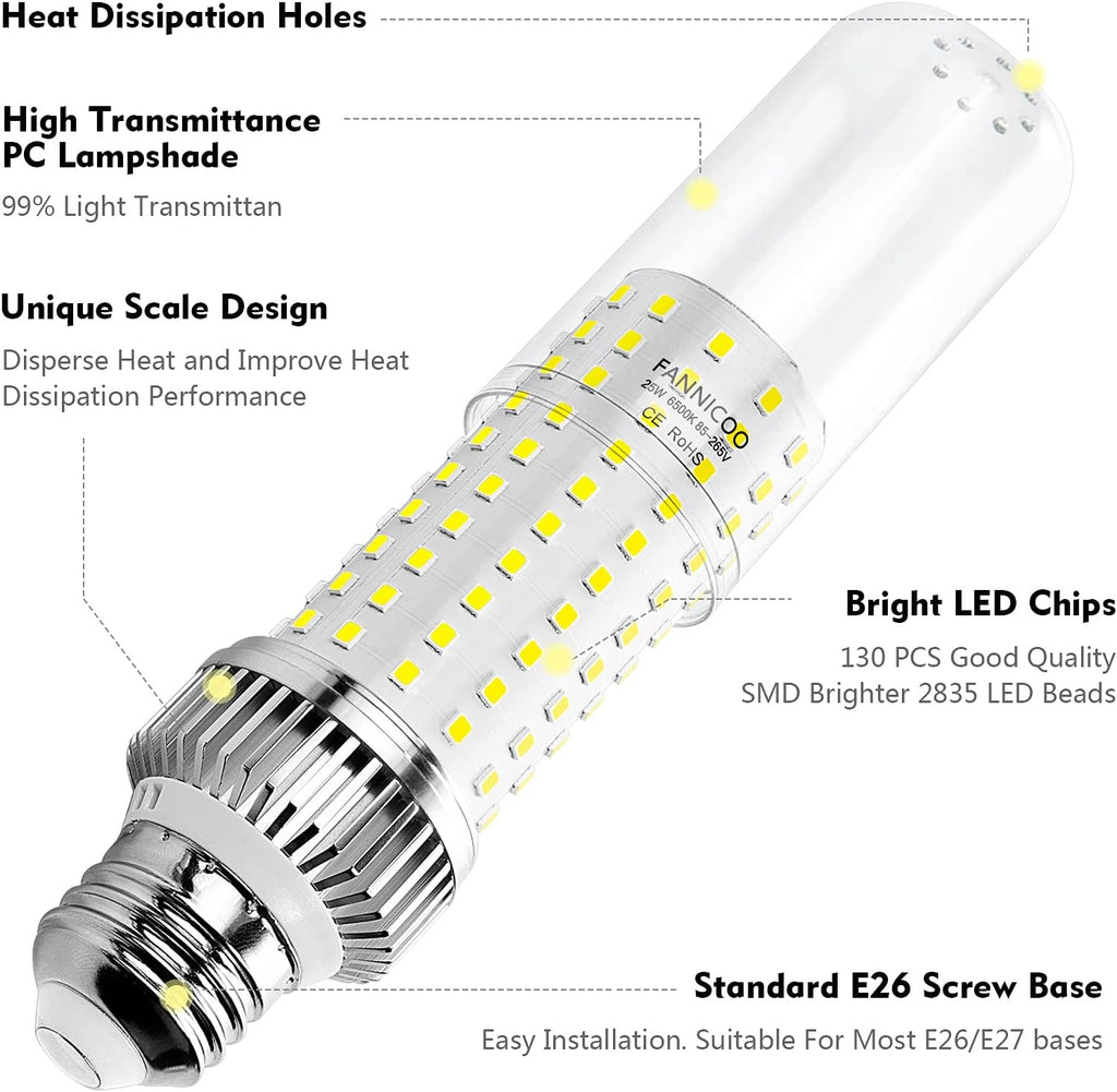 E26 LED Bulb,25W LED Corn Light Bulb 200W Equivalent 6500K Cool Daylight White 2500LM Non-dimmable Flicker Free