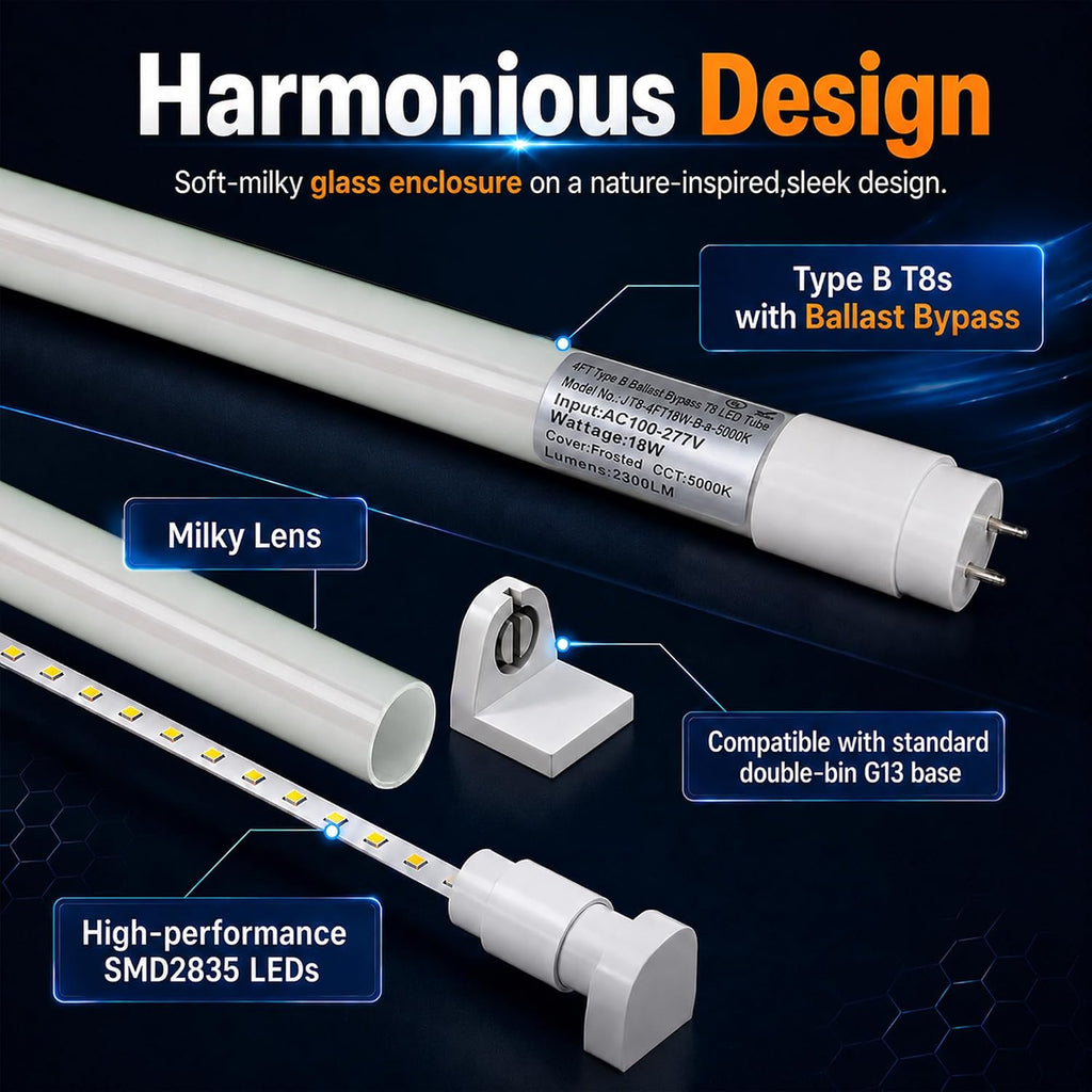 T8 LED Bulbs 4 Foot, 18W (40W Fluorescent Light Bulbs Equivalent) 5000K Daylight, 2300LM, Ballast Bypass Type B, LED