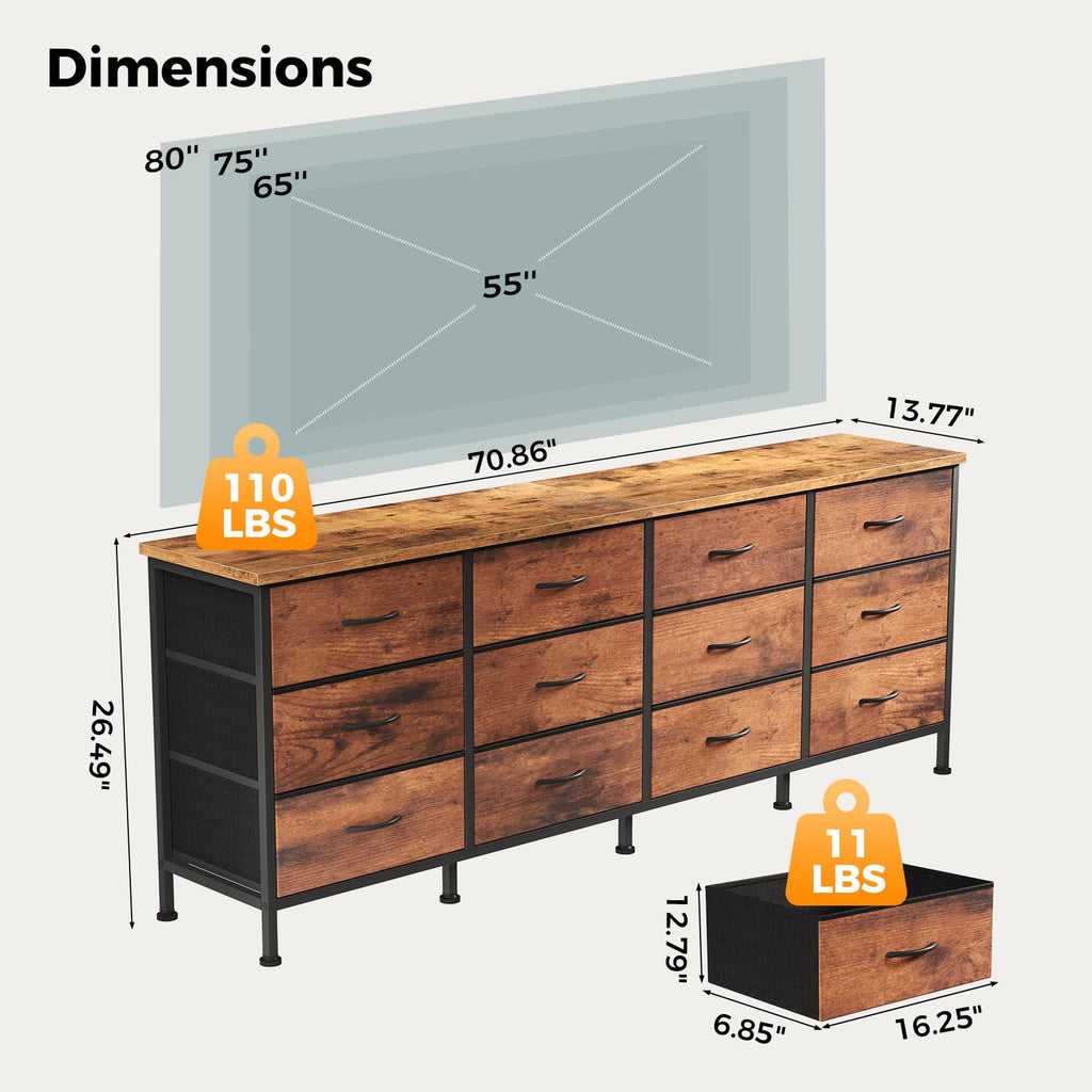 TV Stand with 12 Drawers, Storage Cabinet Media Console