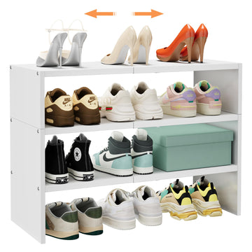 White Shoe Rack Organizer for Closet, 3-Tier Expandable Shoe Shelf, Stackable Iron Wood Combination Shoe Racks