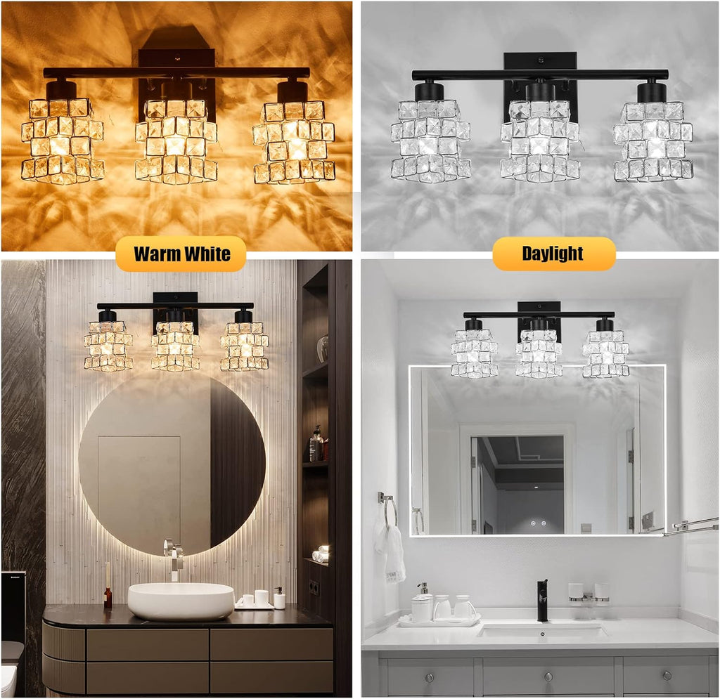 3 Lights Bathroom Vanity Light, Crystal Bathroom Light Fixture Over Mirror, Matte Black & Crystal Rotateable Indoor