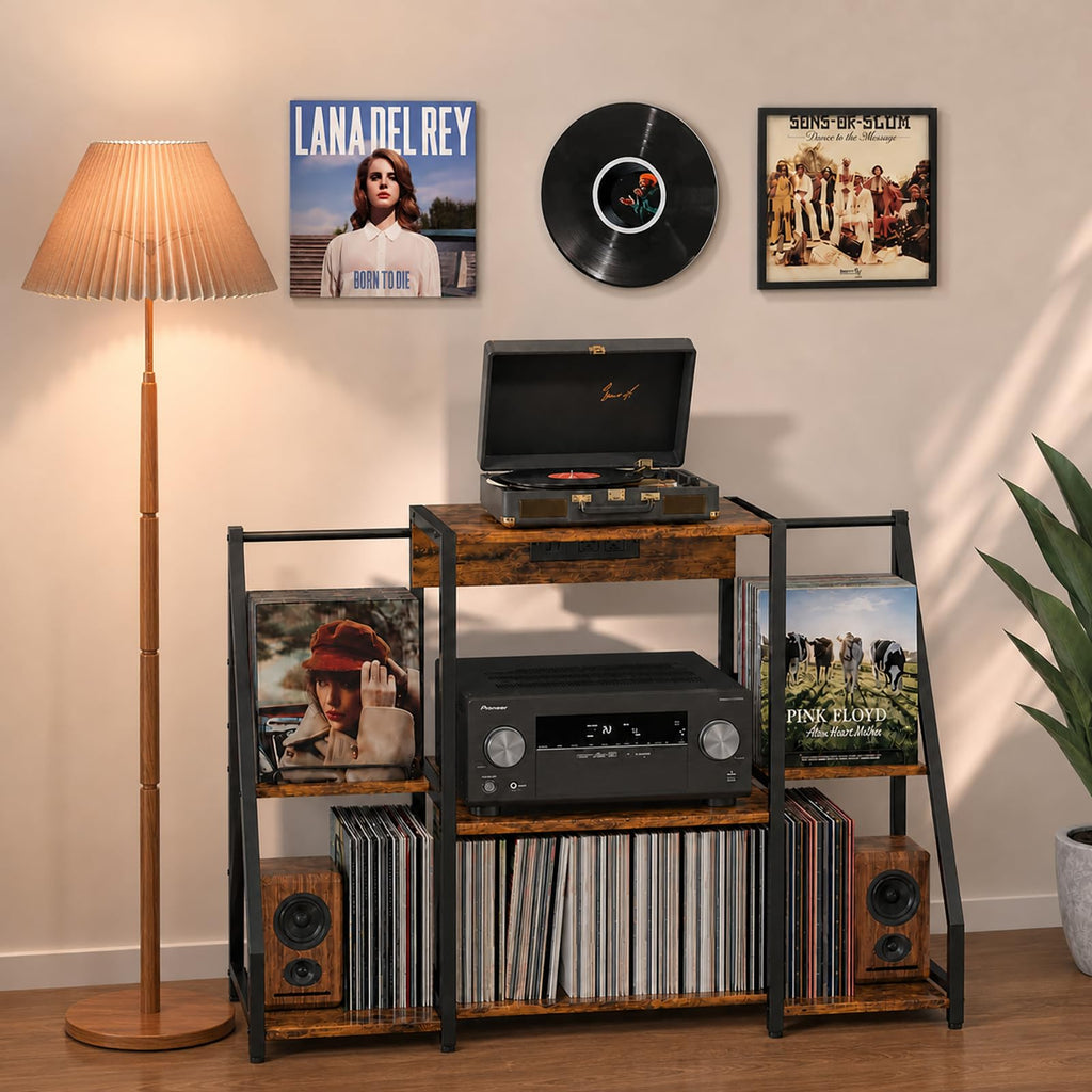 Record Player Stand, Record Player Table with Power Outlets and LED Light, Holds Up to 300 Albums, Vintage Vinyl