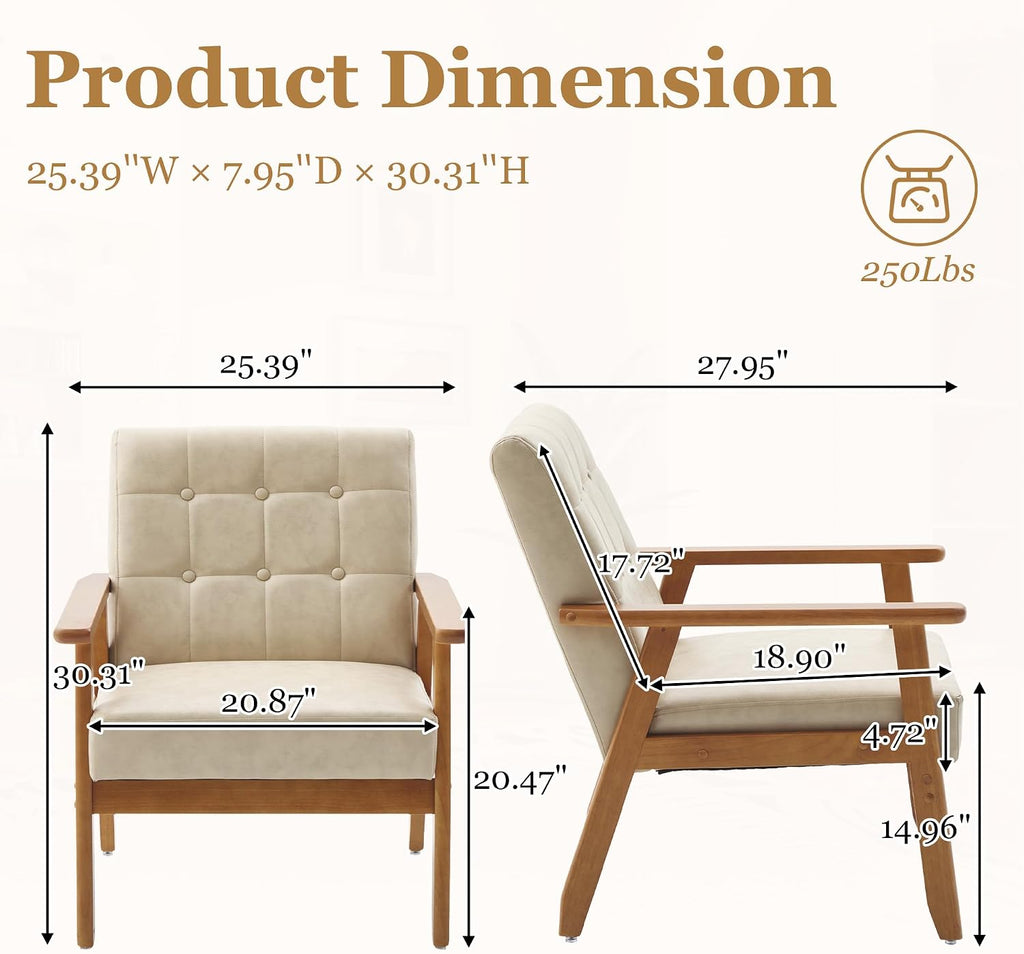 PU Leather Accent Chair, Mid-Century Modern Living Room Chairs with Solid Wood Armrests, Comfortable - Set of 2