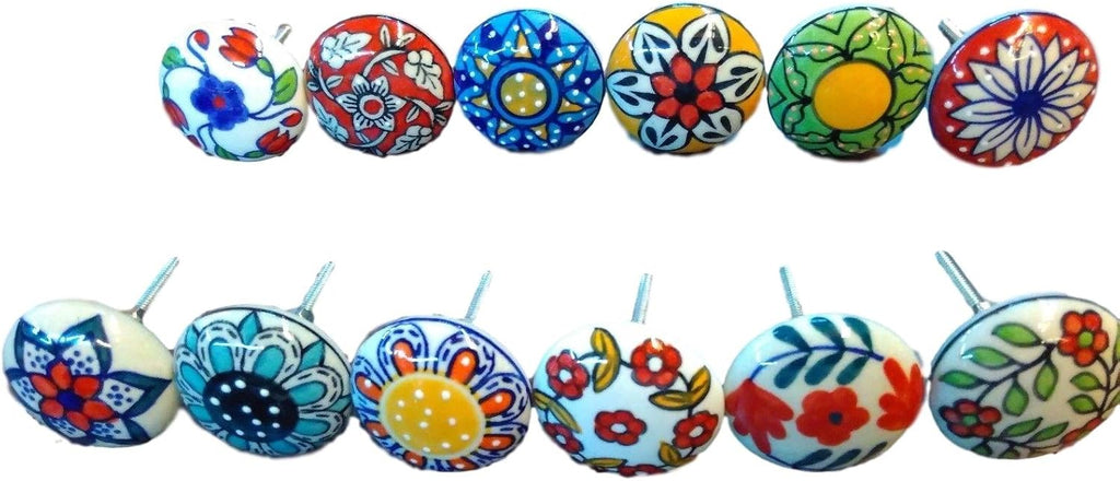 12 x Mix Vintage Look Flower Ceramic Knobs Door Handle Cabinet Drawer Cupboard Pull (12 Flat)