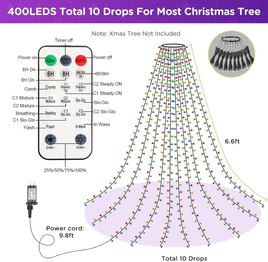Christmas Tree Lights Color Changing, 11 Modes Christmas Light Outdoor with Remote Control, 400 Diamond LED 6.6FTx10