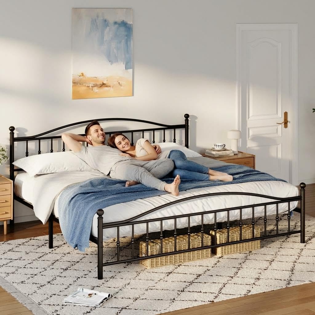 King Size Metal Bed Frame with Vintage Circular Headboard and Footboard, Heavy-Duty Iron Platform Bed, No Box Spring