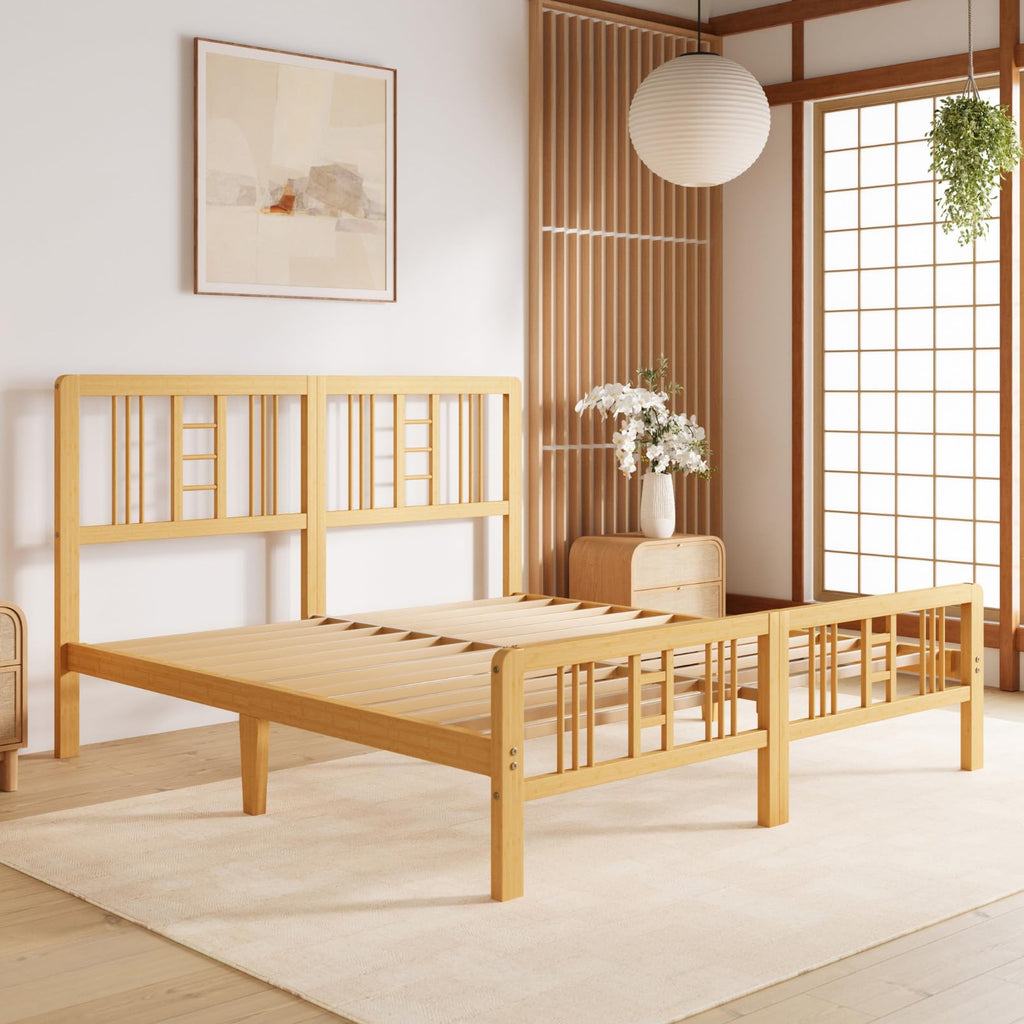 10 in High Bamboo Wood King Size Bed Frame with Headboard & Footboard, Platform Bed Frame King with Steel Slats