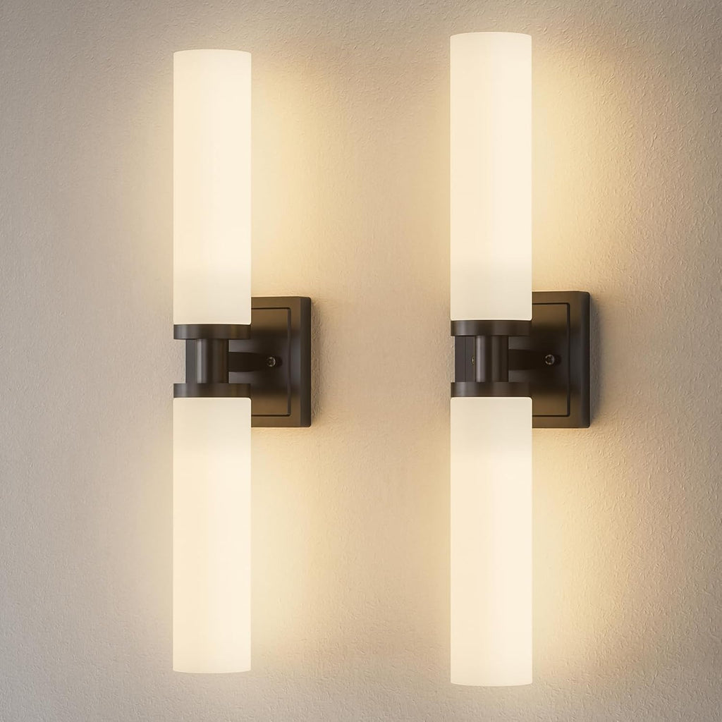Black Wall Sconces Set of Two, Modern Bathroom Sconce with Frosted Glass, Hardwired Wall Light Fixtures for Bathroom