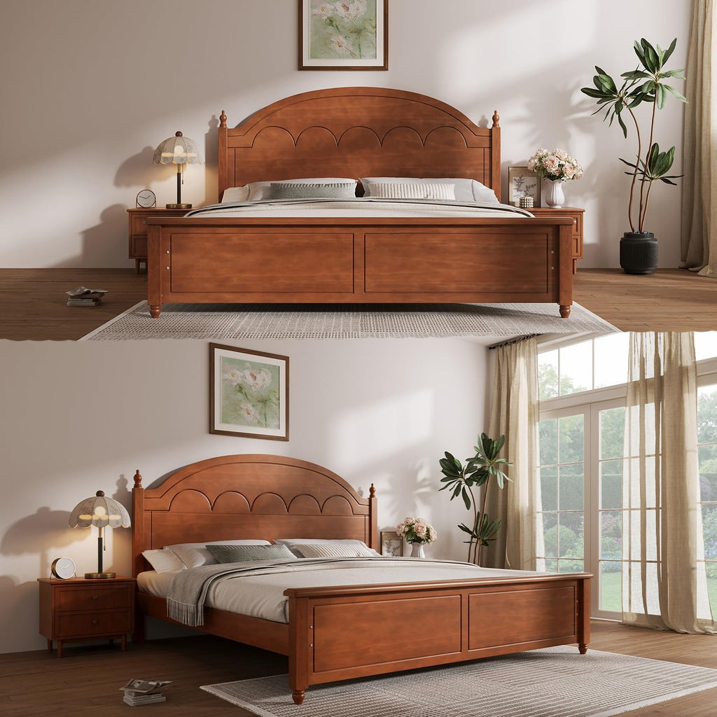 King Size Japanese Wooden Bed Frame with Oak Headboard