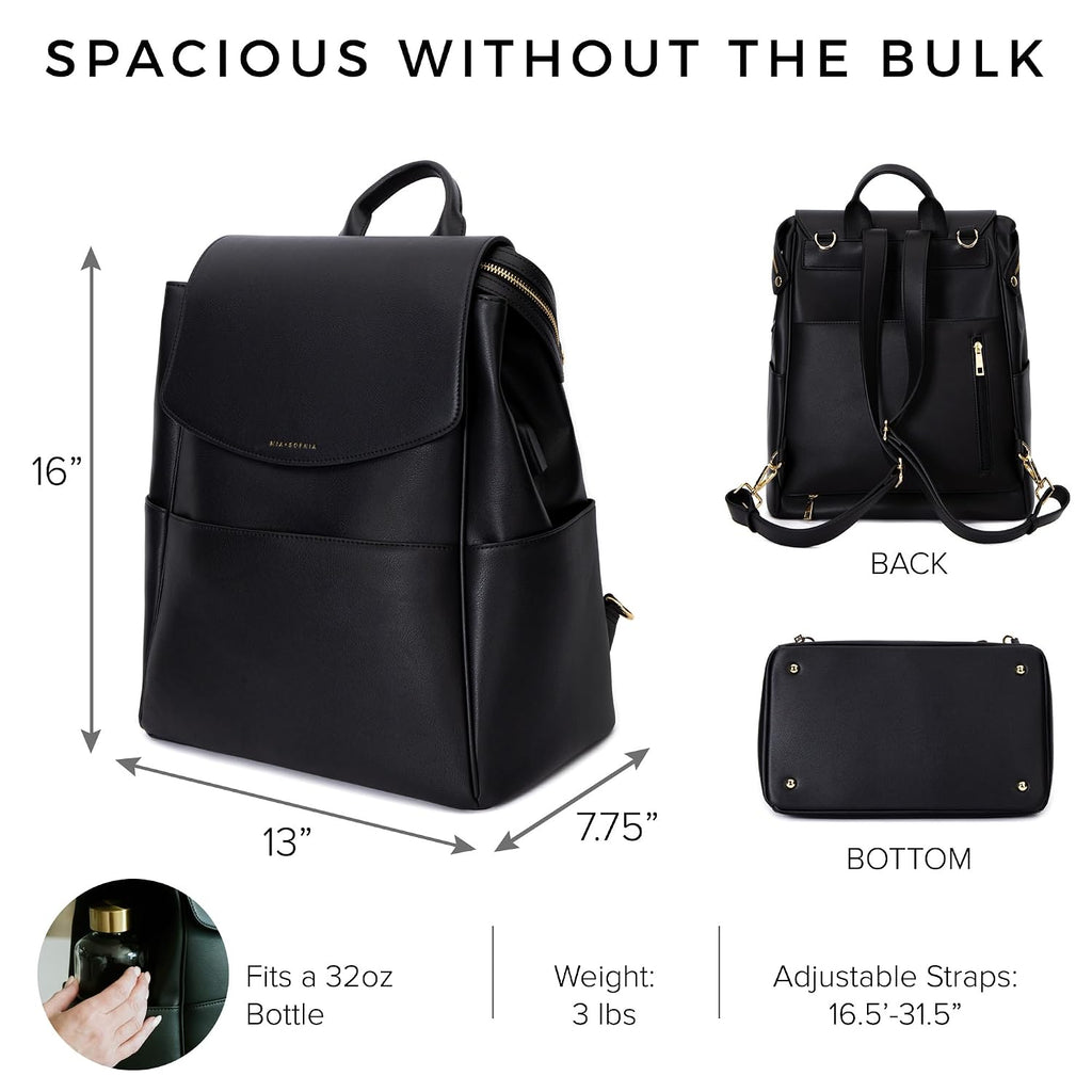 Leather Diaper Bag Backpack with USB Charging port, Changing Pad, Stroller Straps (Black Olivia)