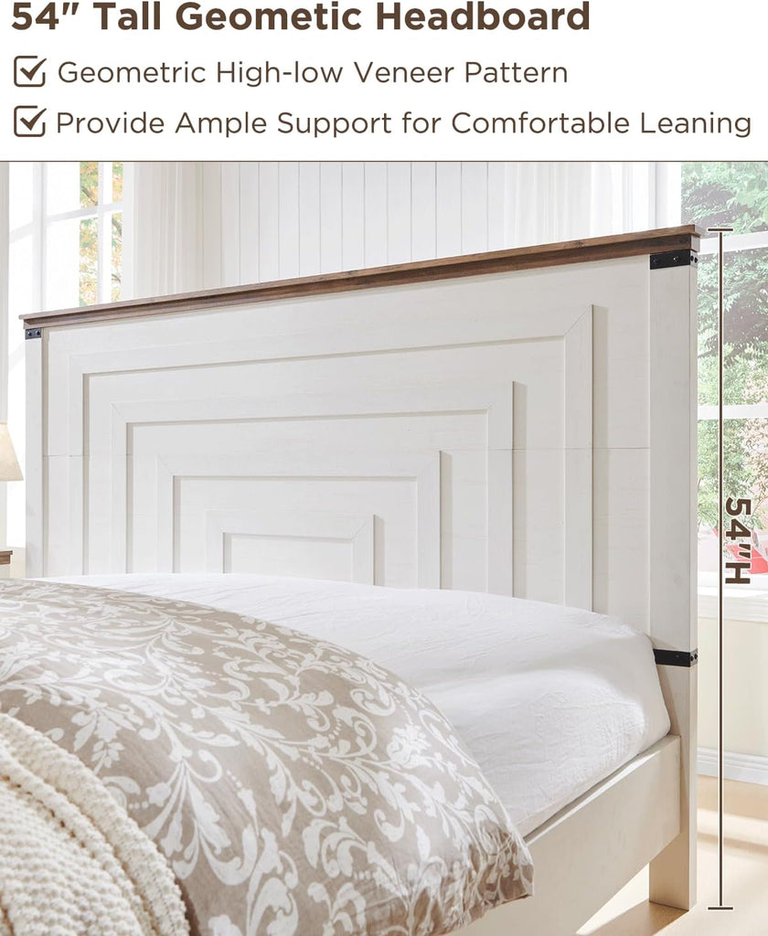 Farmhouse King Bed Frame with 54" Tall Geometric Headboard & 2 Large Storage Drawers, Rustic Wood Platform Bed with