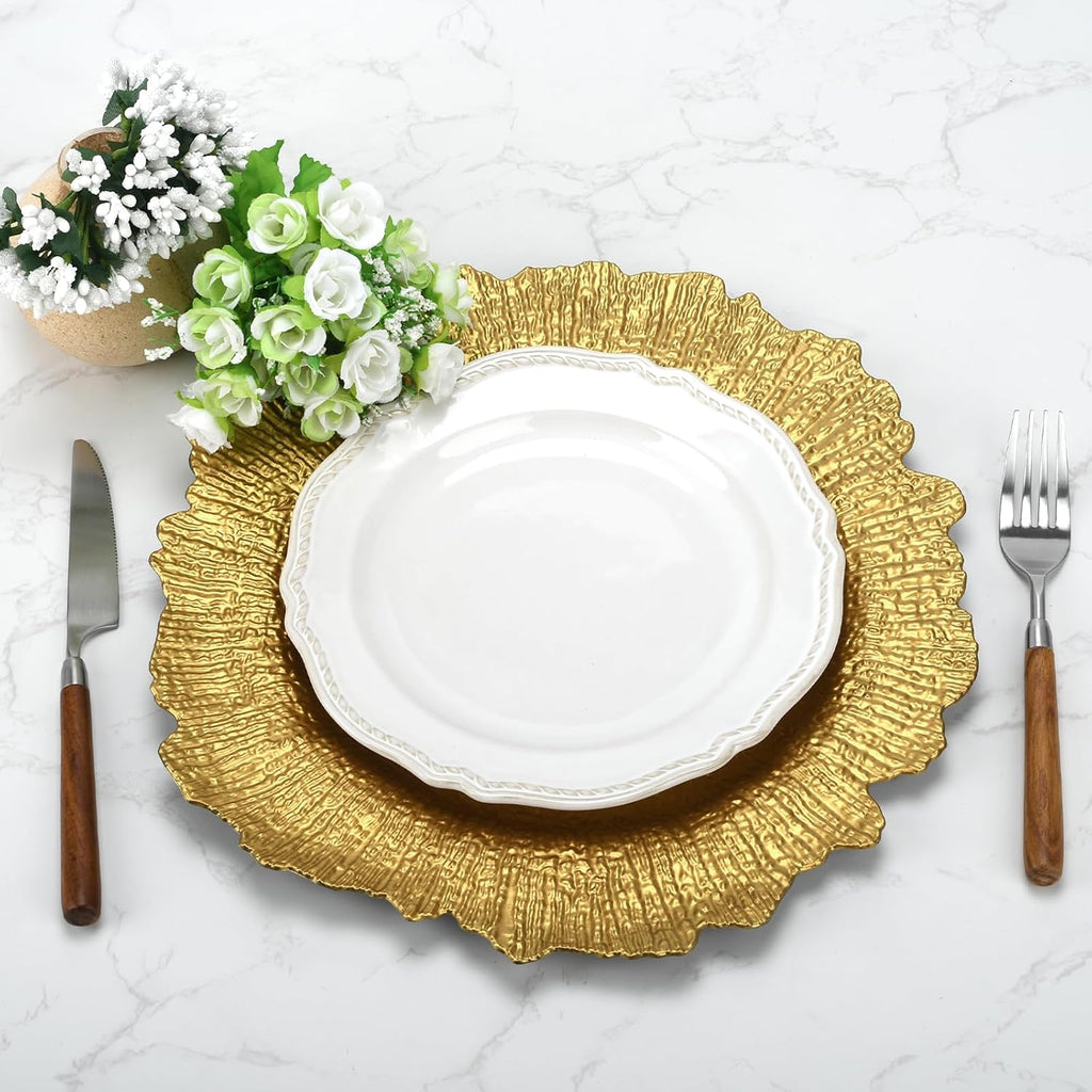Inch Gold Charger Plates, Round Reef Pattern, Plastic, for Dinner Plates, Wedding Decor, Table Setting - Set of 12