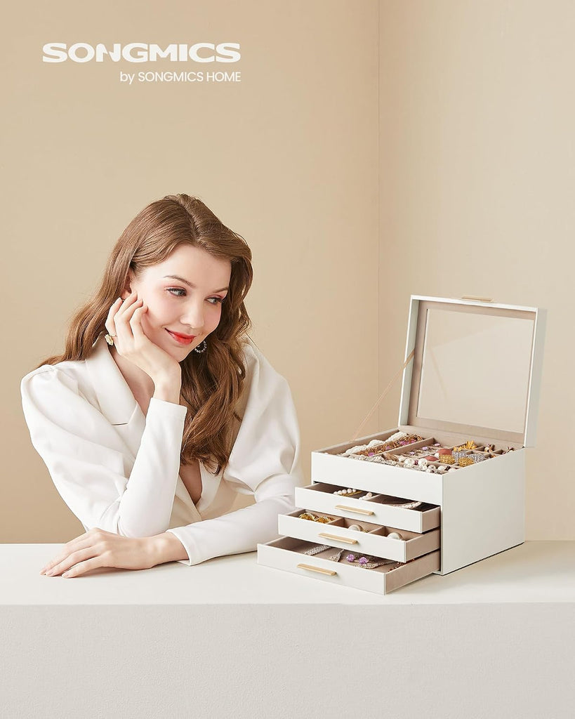 Jewelry Box Organizer, 4-Layer Storage with 3 Drawers, Glass Lid