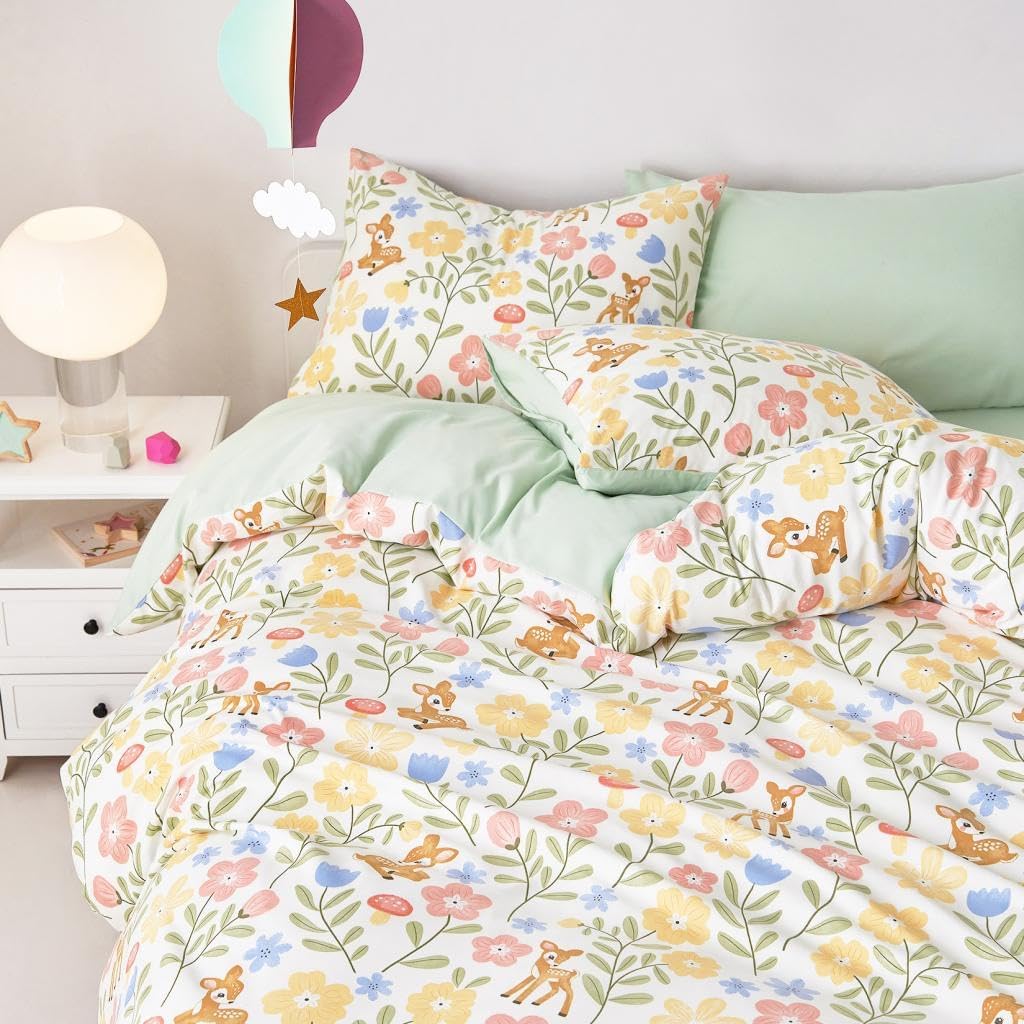 Floral Bedding Set for Girls, Cute Colorful Botanical Flowers Deers Patterned Soft Lightweight Comforter Set with