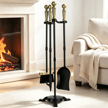 4-Piece Fireplace Tools, Antique Brass Handle, 30" Wrought Iron