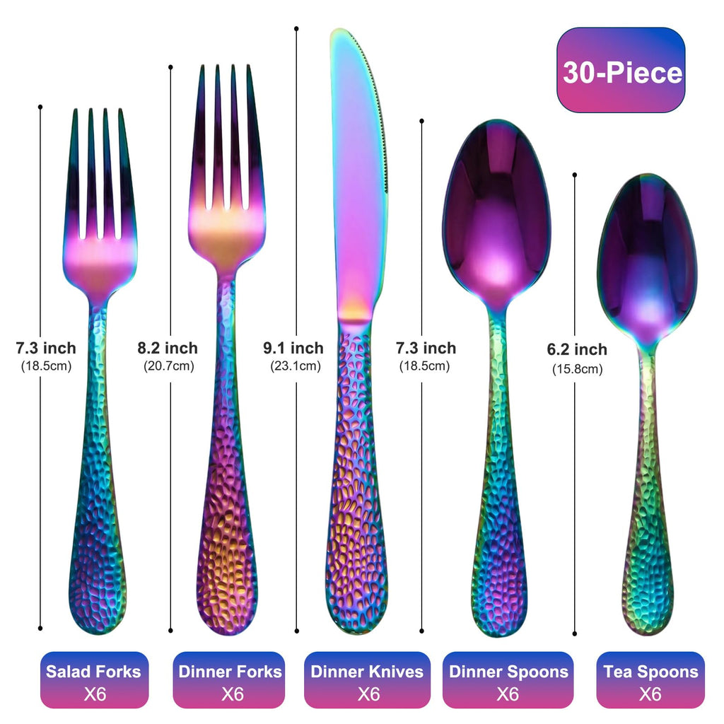 30-Piece Rainbow Hammered Stainless Steel Flatware Set