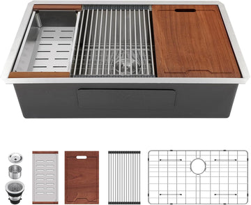 33 Inch Undermount Kitchen Sink Workstation 33"x19"x10" | SUS304 16 Gauge Single Bowl Handmade Under Counter Kitchen
