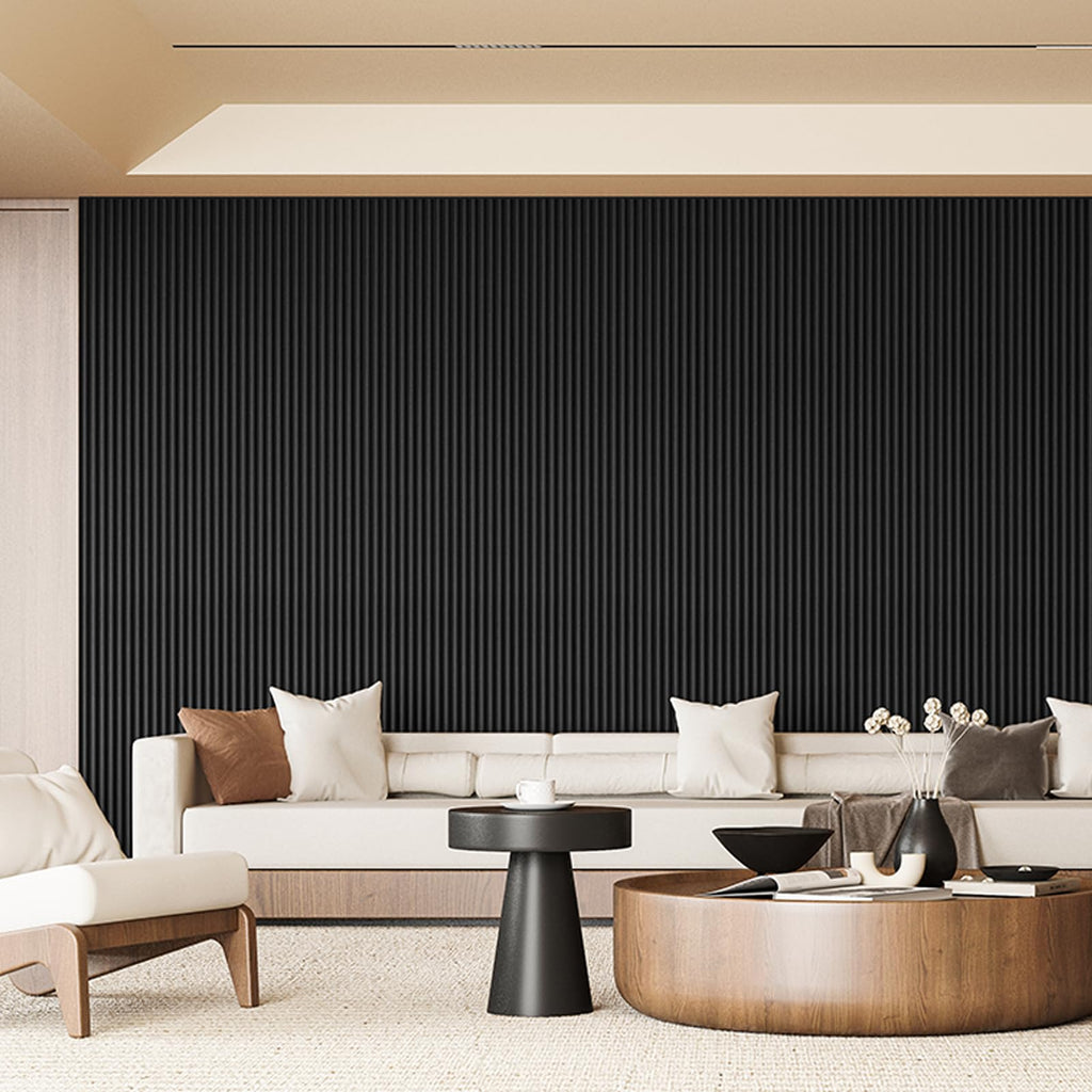 108 x 5.7 Inch Fluted Wood Textured Slat Wall Panel, Beaded Black
