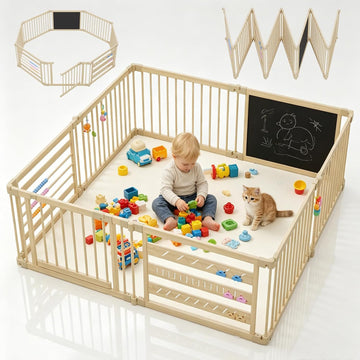 95x64in Foldable Wooden Baby Playpen with Gate, Child Safety Lock, CPC Certified Play Yard with Suction Cups