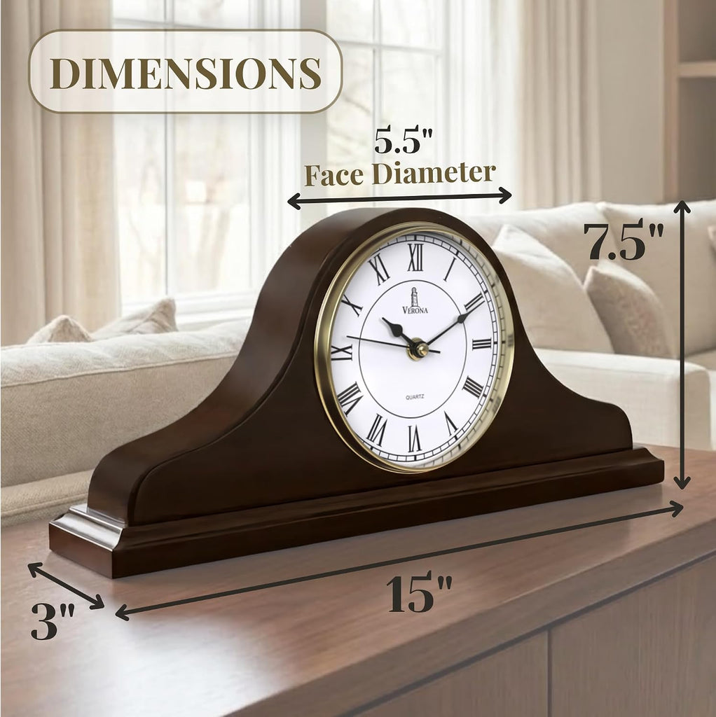 Mantel Clock Battery Operated - Wooden Mantle Clock - 15x7.5 - Silent, Made of Real Wood & Easy to Read