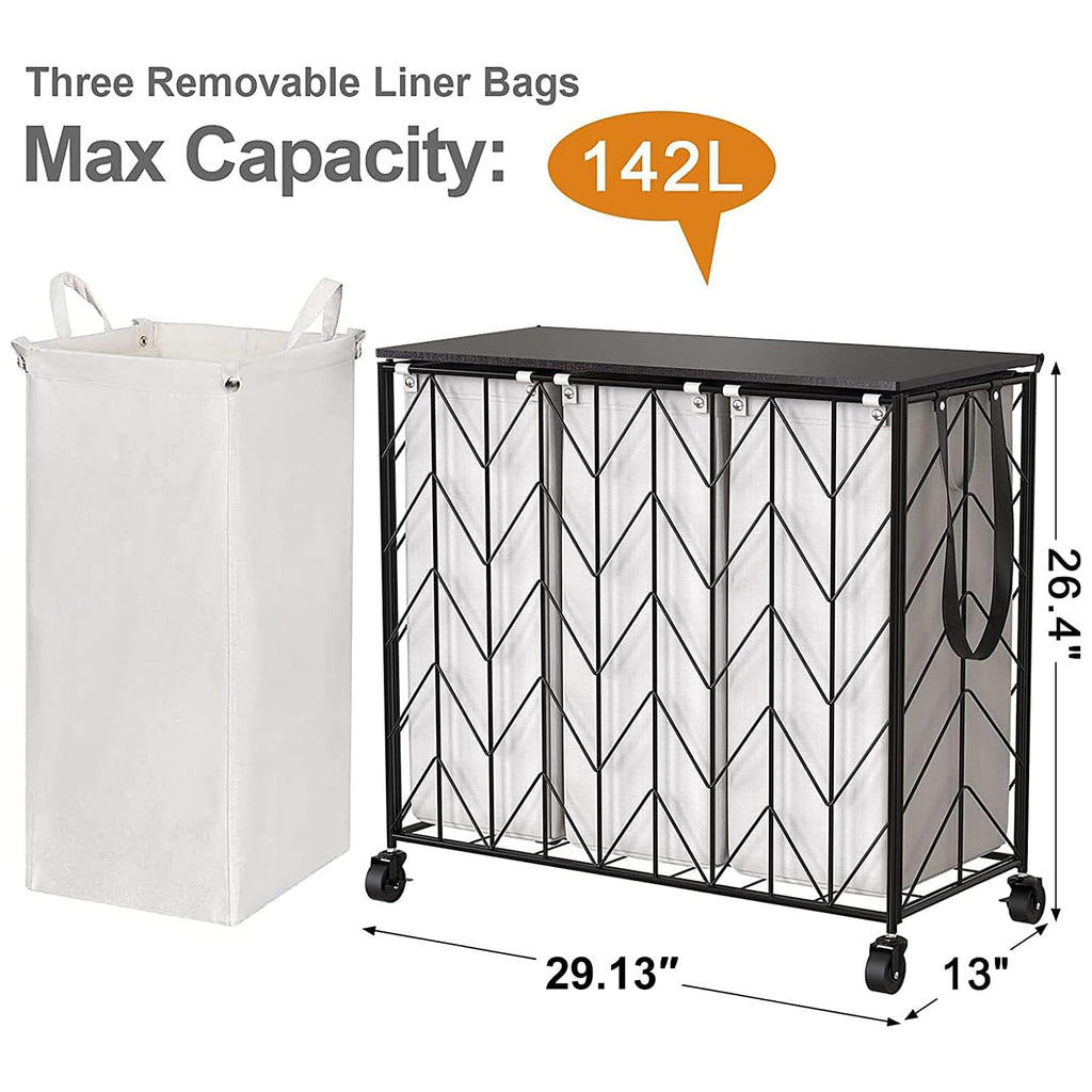 Laundry Hamper 3 Section with Lid, 142L Laundry Basket with Wheels
