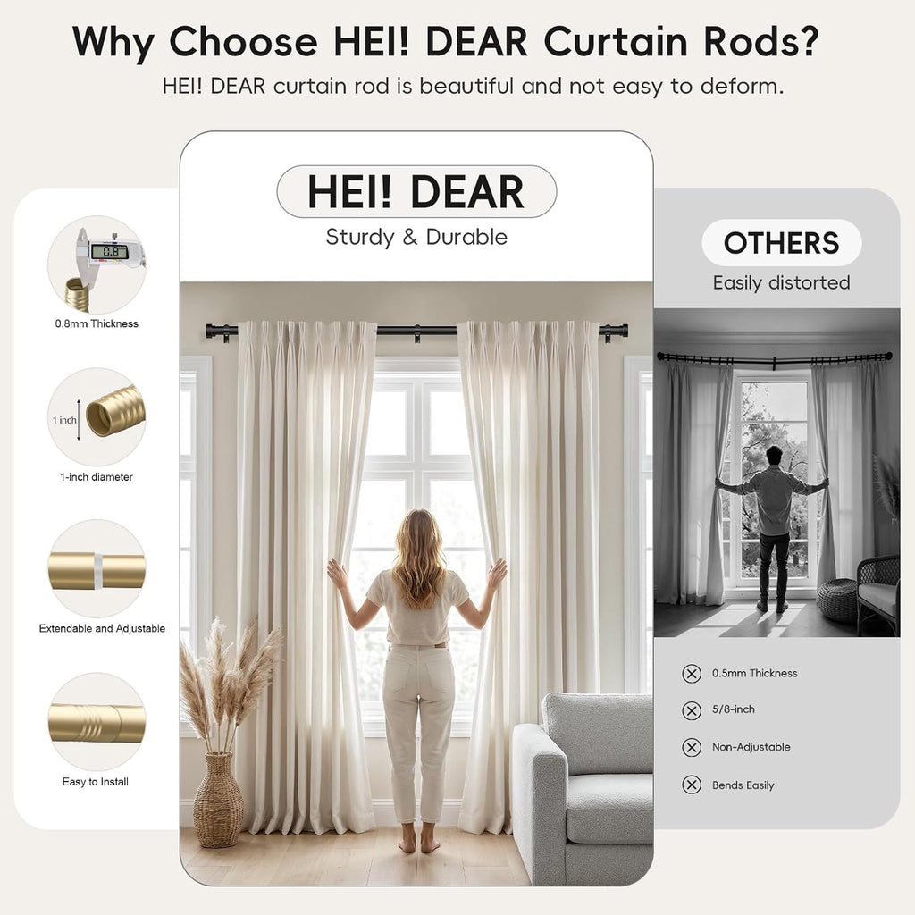 Gold Curtain Rods for Windows 48 to 84 Inch,1 Inch Heavy Duty Curtain Rods,Adjustable Modern Drapery Rod,Window