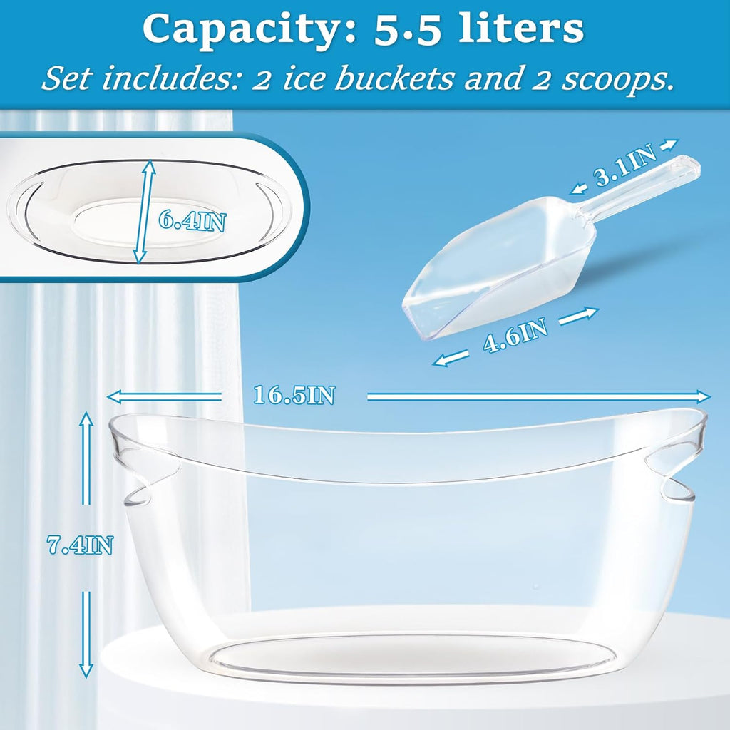 Clear Ice Buckets for Parties, 5.5L Acrylic Champagne Bucket with Scoop, Mimosa Bar Supplies, Plastic Tub - Set of 2