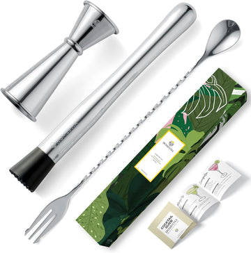 Muddler for Cocktails Set, 12'' Mixing Spoon & Double Jigger - Set of 3