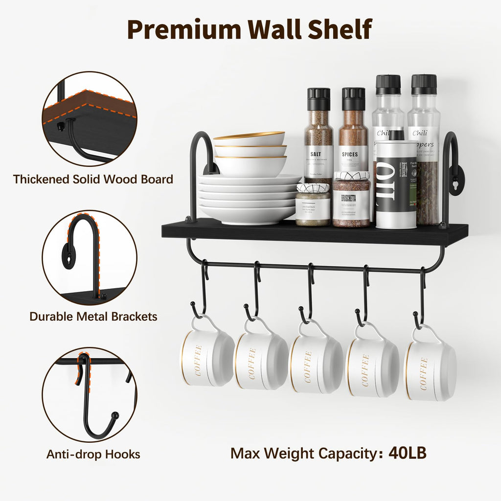 Floating Wall Shelves Bathroom Coffee Nook with 10 Adjustable Hooks for Mugs Cooking Utensils or Towel Rustic Storage