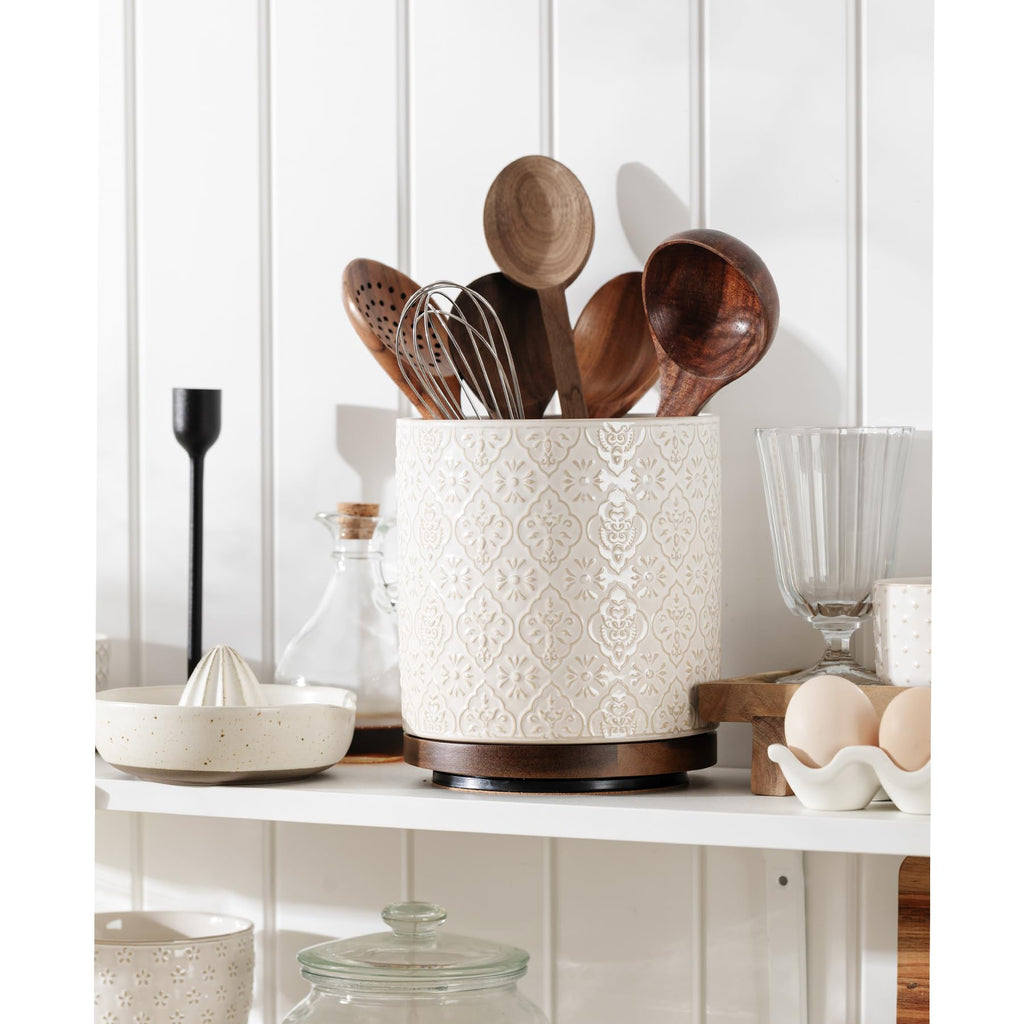Kitchen Utensil Holder, 360° Rotating Extra Large Ceramic Utensil Holder with Embossed Pattern, 7.3" Cooking Utensil