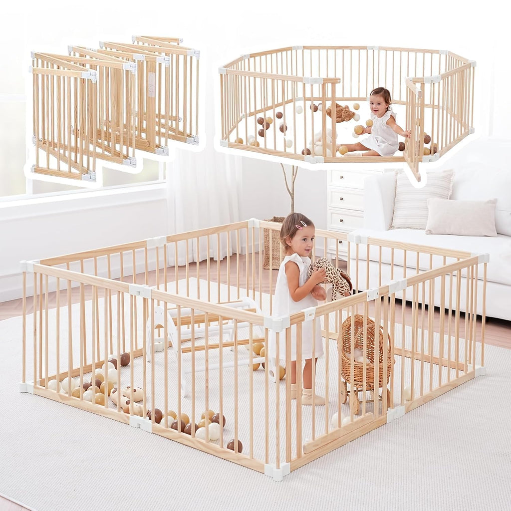 Wooden Baby Playpen Foldable Play Yard with Gate 86"x58" Natural Wood | Foldable wooden playpen, dual-lock gate