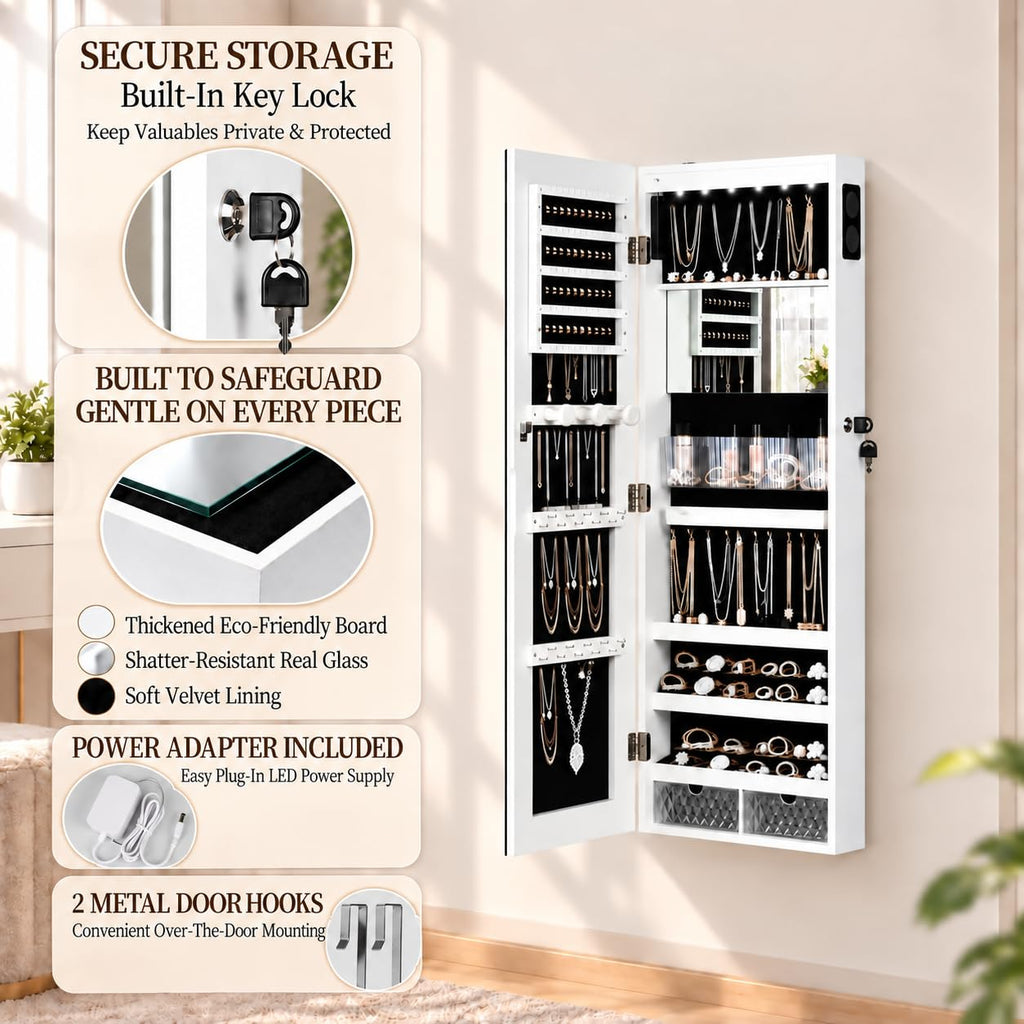 LED Mirror Jewelry Cabinet, Bluetooth Speaker, Full Length Mirror, White