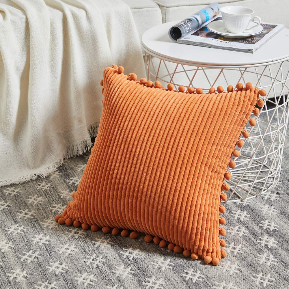 Pack of 2 Corduroy Fall Decorative Throw Pillow Covers with Pom-poms, Solid Square Cushion Case Pillow Cases Set for