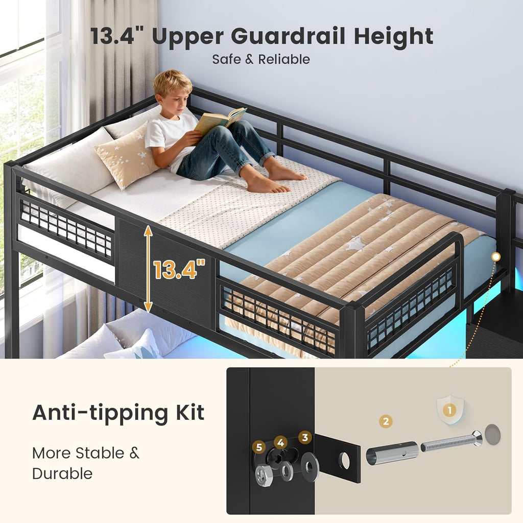 Bunk Bed Twin Over Twin with Stairs, LED Lights Twin Bunk Bed with 2 Storage Drawers & 6 Fabric Drawers