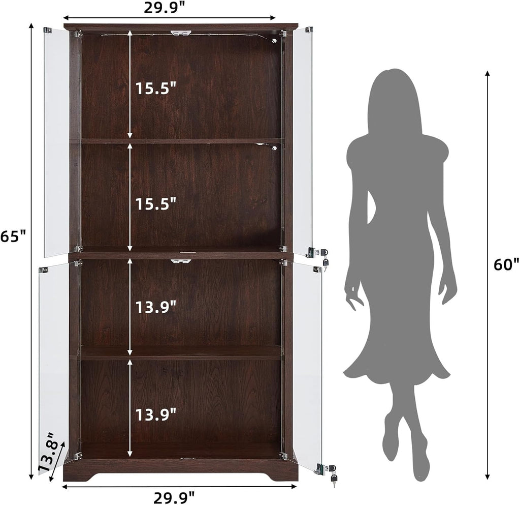 Farmhouse Glass Display Cabinet with Lock, Walnut | Wooden Curio Cabinets with Glass Doors, 3-Color Motion-Sensor