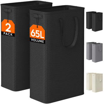 2 Pack Slim Laundry Hamper with Handles, 65L, Black