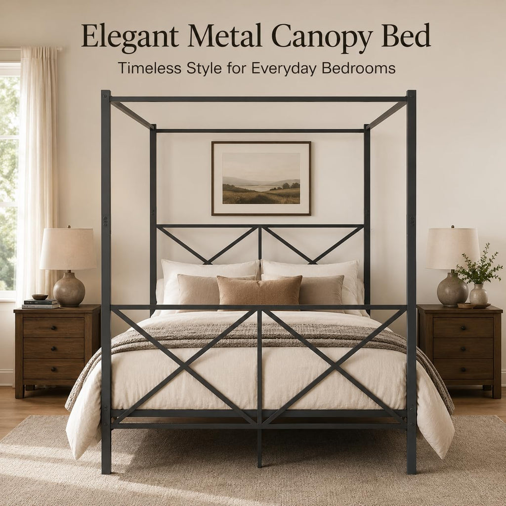 Canopy Bed Frame with Headboard & Footboard, Black Vintage Metal Canopy Platform Bed 14 Inch Platform, No