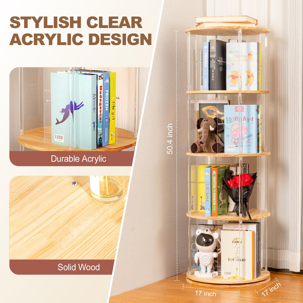 360° Rotating Bookshelf, 4-Tier Spinning Book Shelf Tower with Solid Wood & Clear Acrylic, Round Revolving Bookcase