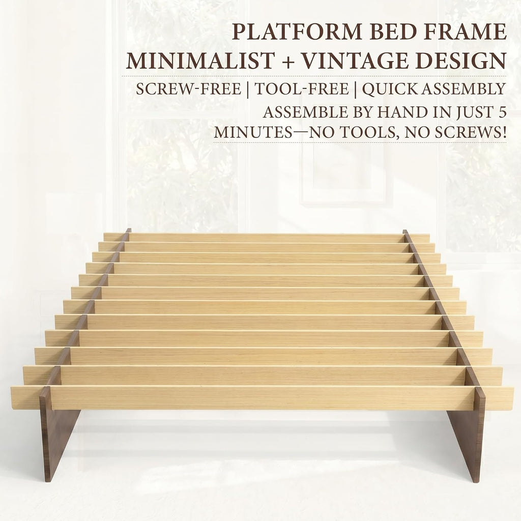 Wood Platform Bed Frame, Platform Bed Frame with Wooden Slats, 10 Min Tool Free Assembly, Japanese