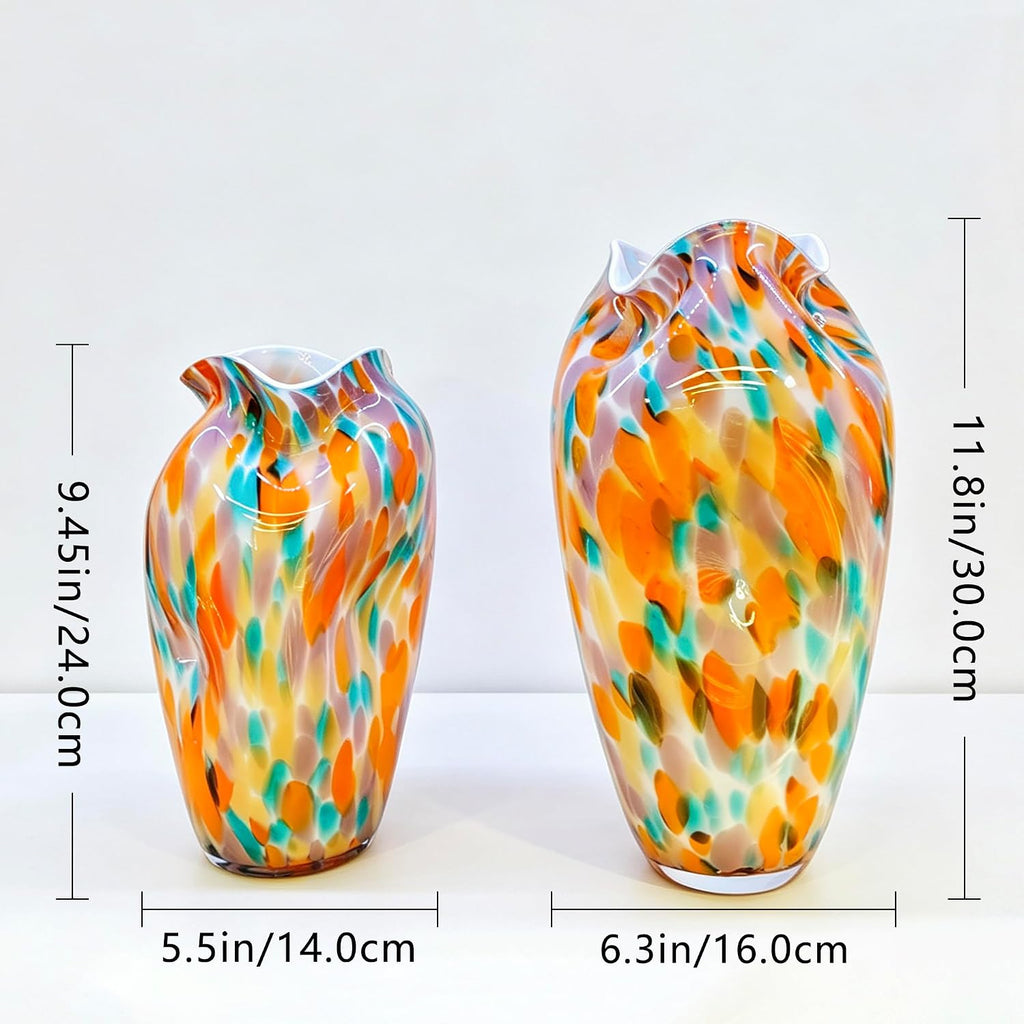 Murano Style Glass Vase, Hand Blown Decorative Art Vase with Ruffled Opening for Flowers, Shelf Tabletop Mantel