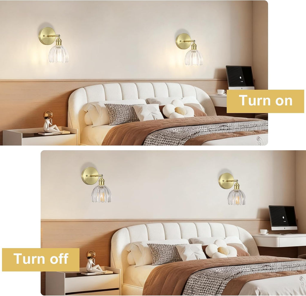 Hardwired wall sconces set of two, Gold Wall Lamp , ETL Listed | Clear Tulip Glass Shade, 90° Adjustable, Not Battery