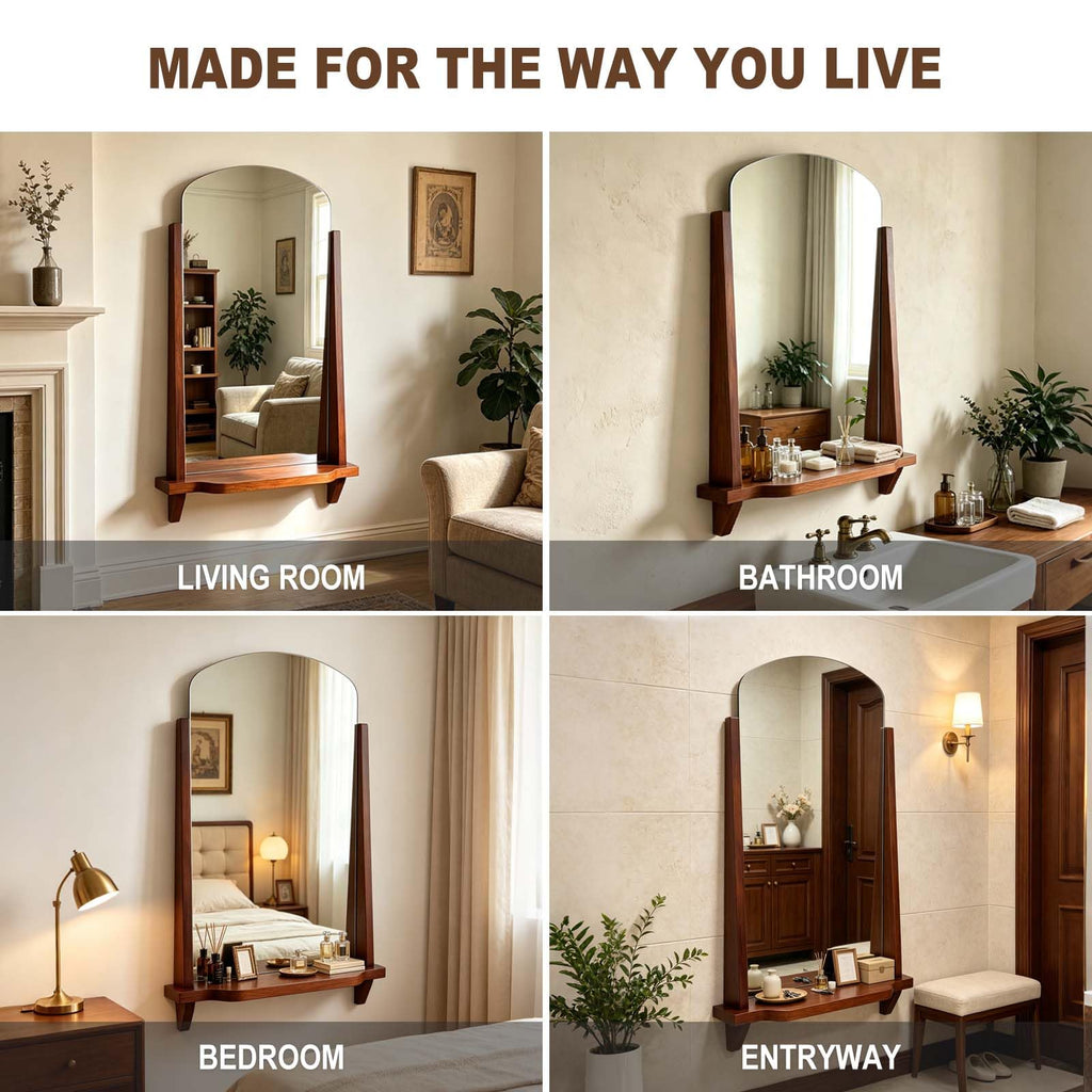 Arched Wall Mirror with Shelf, 24" x 37.4" Solid Wood Frame Bathroom Mirror, Walnut Brown Farmhouse Decorative Mirror